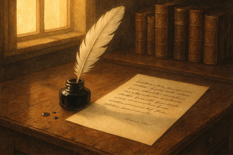 Illustration d'un écritoire avec plume et encrier